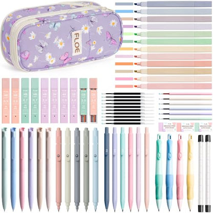 65PCS Aesthetic School Supplies Back to School Supplies Cute Stationary Set | College Essentials Kit with Pencil Case, Pastel Highlighters Gel Pens Mechanical Pencil Set 0.5 0.7 & 2.0mm for Student Girls - color: Purple Butterfly