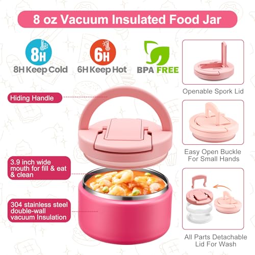 MAXSO Bento Lunch Box Set for Kids with 8 oz Soup Thermo, Leakproof Hot Food Container with 4 Compartments, Insulated Food Jar for Toddler Daycare Boys Girls School - Pink - color: Pink