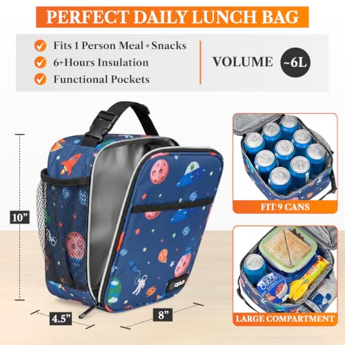 opux Insulated Lunch Bag for Kids Boys Girls, Small Compact Lunch Box with Wide Opening & Mesh Pockets, Reusable Lunch Pail for School, Work, Adults, Men, Women, Space Astronaut - color: Space Astronaut