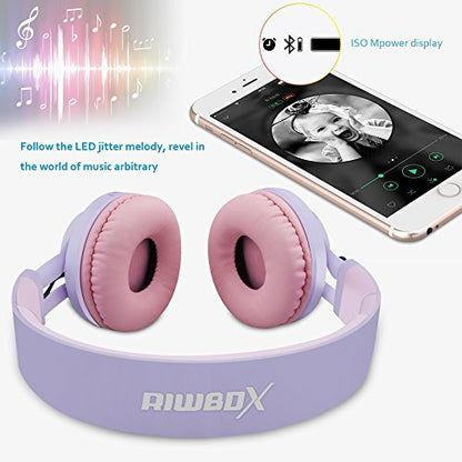 Riwbox WT-7S Kids Bluetooth Headphones Light Up, Foldable Stero Wireless Headset,with Microphone and Volume Control,Comfortable and Durable,for PC/Tablet/TV/Travel(Purple) - color: Purple