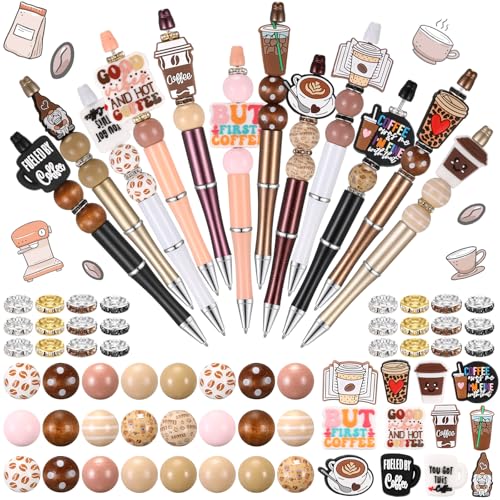 Geyee 12 Set Beadable Pens Assorted Bead Pens Wood Crystal Round Spacer Set Black Ink DIY Ballpoint for Women Men Gift Office Supplies(Multicolor,Coffee) - color: Multicolor, style: Coffee