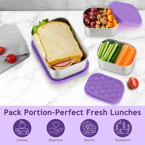 Homikit 3 Pack Kids Lunch Box Set, 18/10 Stainless Steel Bento Boxes with Silicone Lids Leak Proof, 5 Cups Reusable Metal Food Snack Containers for School Daycare, Nontoxic & Dishwasher Safe, Purple - color: Purple, size: Medium