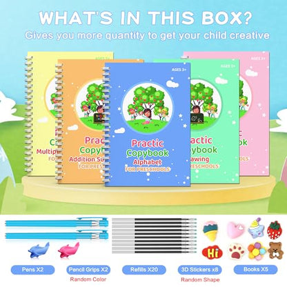 WANFRES Magic grooved Writing Practice Books Great for Beginners, 5 Books, 2 pens, 2 Pencil Grips, 20 Refills. grooved Handwriting Practice for Kids 3-10, Reusable grooved Handwriting workbooks. - color: 5 books with pen