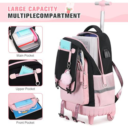 Bevalsa Rolling Backpack for Girls, 3PCS Roller School Backpacks with Lunch Box & Pen Case, Kids Bookbag Schoolbag with Wheels for Teen Girl Kindergarten Elementary Middle School - color: Black Pink
