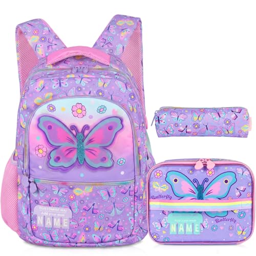 Kids Backpack for Girls with Lunch Box, Cute Butterfly Kids Elementary SchoolBag Middle-School Bookbag Back to School Gift - color: Butterfly