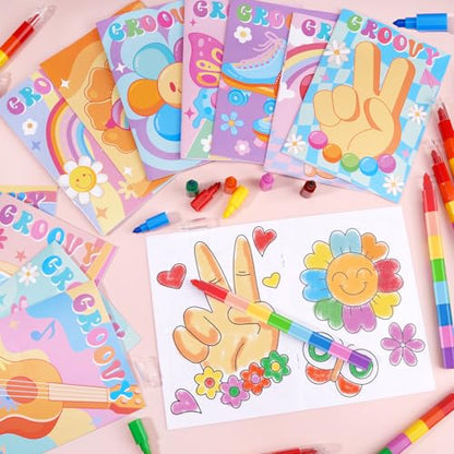 BenLouis 24 Hippie Boho Mini Coloring Books Kids with 24 Stacking Crayons Retro Daisy Party Favors Activity Books Bulk for Kids Two Groovy Goodie Bag Gift Stuffer Classroom Reward - style: Hippie Boho