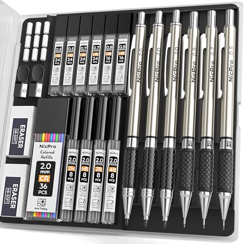 Nicpro 6PCS Art Mechanical Pencil Set, 3PCS Metal Drafting Pencil 0.5 mm & 0.7 mm & 0.9 mm & 3PCS 2mm Lead Pencil Holder (4B 2B HB 2H Colors) For Sketching Drawing With Lead Refills Erasers Case - style: 6 Pack (0.5mm+0.7mm+0.9mm+2.0mm)
