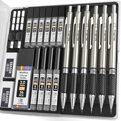Nicpro 6PCS Art Mechanical Pencil Set, 3PCS Metal Drafting Pencil 0.5 mm & 0.7 mm & 0.9 mm & 3PCS 2mm Lead Pencil Holder (4B 2B HB 2H Colors) For Sketching Drawing With Lead Refills Erasers Case - style: 6 Pack (0.5mm+0.7mm+0.9mm+2.0mm)