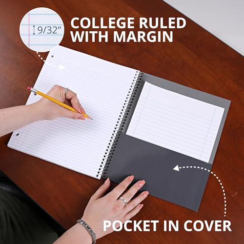 ROARING SPRING Lefty Spiral Notebook, College Ruled One Subject Left Handed Notebook with Cover Pocket, 11" x 9", 100 Sheets, Assorted Color Covers