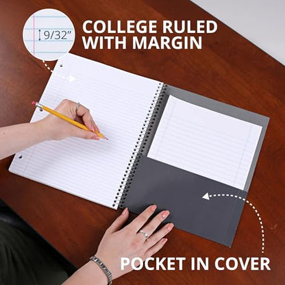 ROARING SPRING Lefty Spiral Notebook, College Ruled One Subject Left Handed Notebook with Cover Pocket, 11" x 9", 100 Sheets, Assorted Color Covers