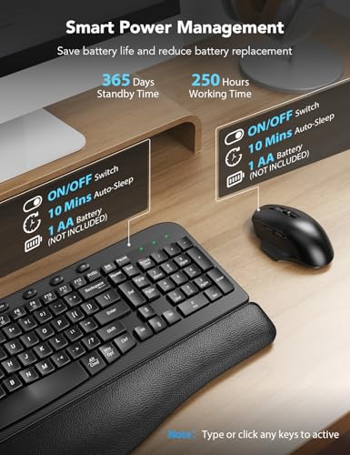 SABLUTE Wireless Keyboard and Mouse Combo with Ergonomic Wave Key | Leather Soft Palm Rest, 2.4G Full Size, 6-Button Mouse, 4-Level DPI, USB-A/C, MA12 Silent Set for PC, Laptop, Windows, macOS - color: Modern Black