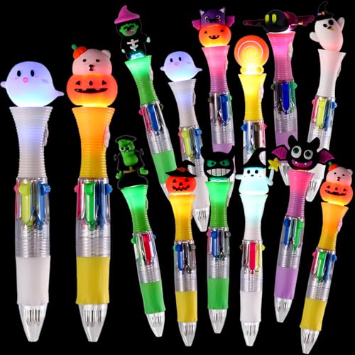 Vellibring 12PCS Halloween Pens,Multicolor Ballpoint Pens with Lights 4 Colors in 1 Halloween Retractable 0.7mm Multicolor Glow Writing Stationery for Holiday Party School Supplies Students Rewards - style: Halloween（lights）-12pcs