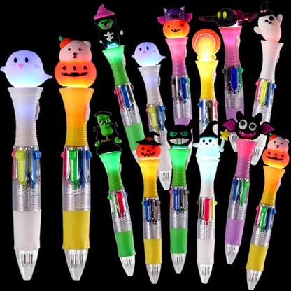 Vellibring 12PCS Halloween Pens,Multicolor Ballpoint Pens with Lights 4 Colors in 1 Halloween Retractable 0.7mm Multicolor Glow Writing Stationery for Holiday Party School Supplies Students Rewards - style: Halloween（lights）-12pcs