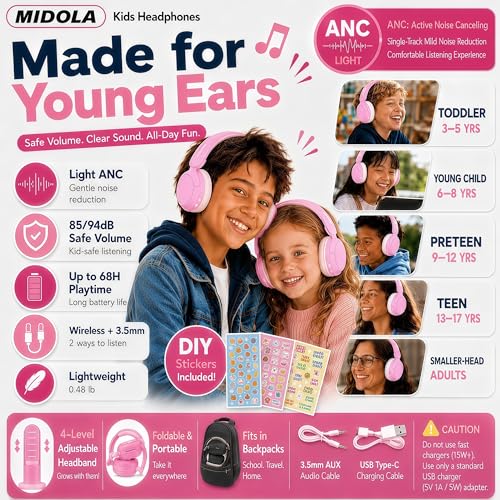 MIDOLA Kids Bluetooth Headphones Active Noise Cancelling,68H Play Time,Lightweight Wireless Foldable Over-Ear Headphone for Kid Toddler,Volume Limited 85/94dB,Headsets with Built-in Mic Pink - color: Pink