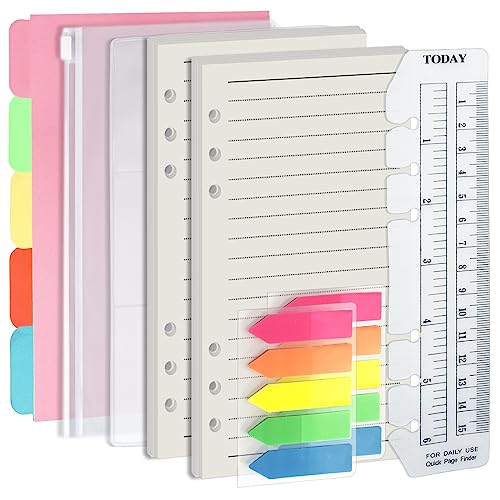 Harphia A6 6 Holes Binder Refill Value Set, 90 Sheets Ruled Line Planner Insert, 5 Sheets Binder Paper Dividers, Translucent Planner Pocket, PVC Binder Card Bag, 200Pcs Colorful Index Stickers - color: Line Paper Set, size: A6