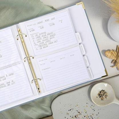 Aesthetic Recipe Binder with Polyester Waterproof cloth Cover - The Perfect Recipe Book with Plastic Sleeves to Write in Your Own Recipes - Quality Blank Cookbook Binder, Cards incl. - color: Dusty Blue, size: Medium - 9.5x8.5"