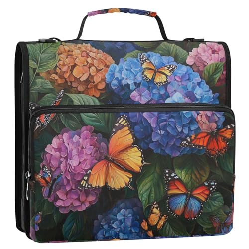Hydrangea with Butterfly Zipper Binder 3 Ring 1.5 Inch School Binder Organizer with Shoulder Strap Handle File Folder Pockets Large Capacity Students Girl Boy Men Office Work - color: Hydrangea With Butterfly