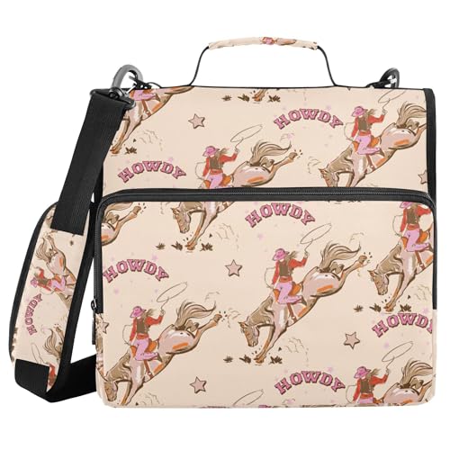 Fisyme Cowgirl Western Vintage Zipper Binder 3 Ring with Zipper and Shoulder Strap Large Capacity Multi-Pocket Zipper Binder Organizer - color: Multi-peach Cream