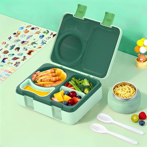 Bento Box for Kids, Leakproof Kids Bento Lunch Box Container with 8oz Insulated Thermo Food Jar, Sauce Jar, Utensil, DIY Stickers for School Boys Girls, 3-4 Compartments, BPA-Free - color: Light Green
