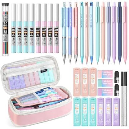 Nicpro 38PCS Aesthetic School Supplies, Pastel Mechanical Pencil Set 0.5, 0.7, 0.9 & 2.0 mm with 564PCS Lead Refills, Cute Mechanical Pencils for Girls Student Stationary Drawing Drafting - Pink Case - size: 38 PCS
