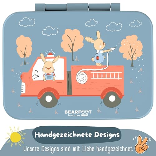 BEARFOOT Kids Lunch Box with Compartments – Compact & Lightweight | Leak-Proof, BPA-Free, Dishwasher Safe | Hand-Drawn Design for Preschool, School, Travel (Firetruck Bunnies Blue, 2.75 Cups) - color: FiretruckBunnies-Blue, size: 2.75 Cups