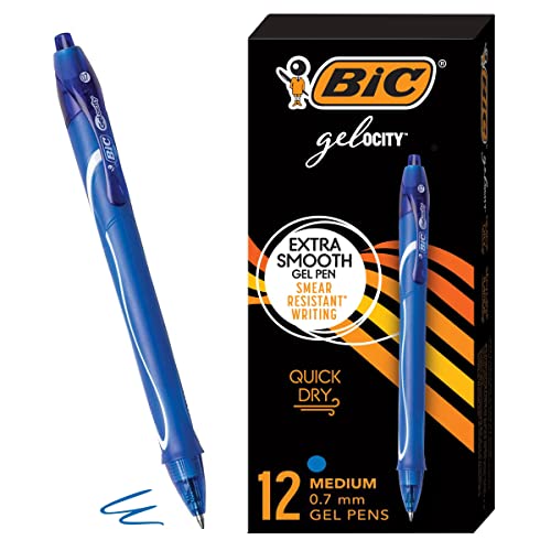 BIC Gelocity Quick Dry Blue Gel Pens, Medium Point (0.7mm), 12-Count Pack, Retractable Gel Pens With Comfortable Full Grip - color: Blue, size: 12 Count (Pack of 18)