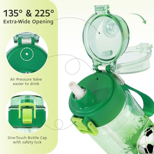 18.6oz Kids Water Bottle, Tritan BPA-Free, Excavator & Football | Toddler Water Bottle with Handle & Straw for School Travel · Pop-Up Spout Cover · Leak-Proof · Dishwasher Safe