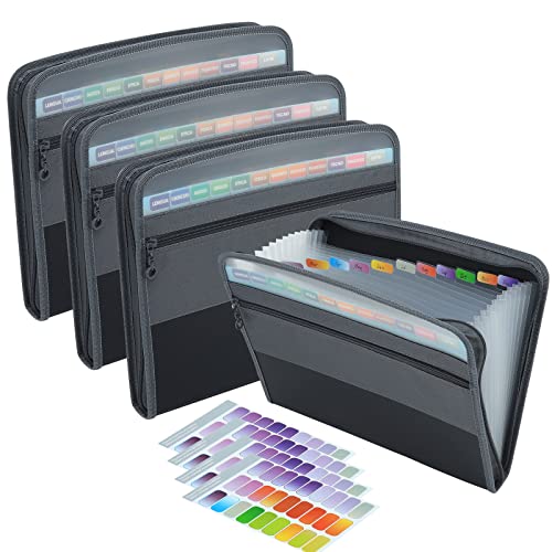 NAFY Expanding File Folders, 13 Pockets Document Organizer with Zipper, A4 Letter Size Portable Accordion Expanding File Folders with Multicolor Labels for Home Office School Supplies (Black 4 Pack) - color: Black 4 Pack