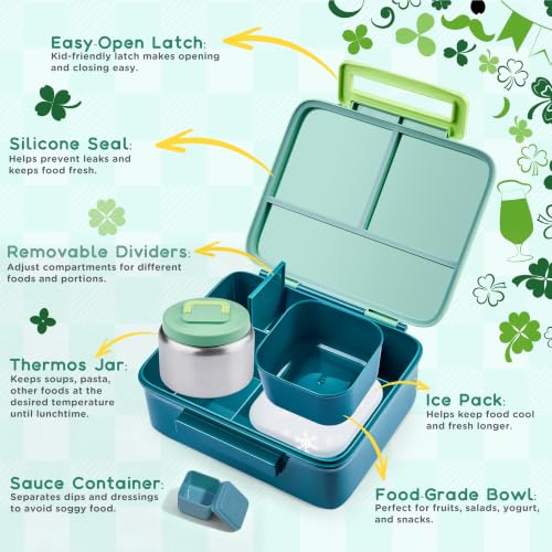 Bento Lunch Box for Kids with 8oz Soup Thermo Leak-Proof Lunch Food Containers with Snack Sauce Container for Kid Girls Boys to School, Green Bag - color: Green Bag
