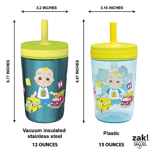 Zak Designs CoComelon Kelso Tumbler Set, Leak-Proof Screw-On Lid with Straw, Bundle for Kids Includes Plastic and Stainless Steel Cups with Bonus Sipper (3pc Set, Non-BPA) - color: CoComelon, size: 3 Piece Set (Pack of 1)