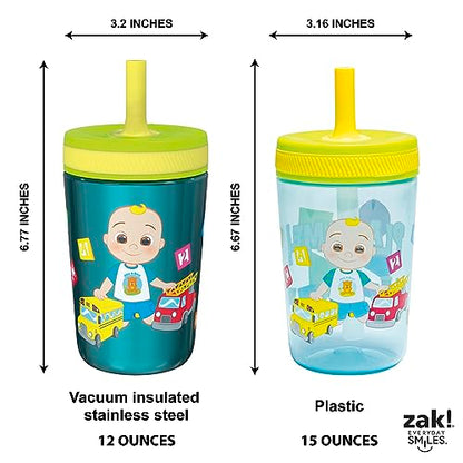 Zak Designs CoComelon Kelso Tumbler Set, Leak-Proof Screw-On Lid with Straw, Bundle for Kids Includes Plastic and Stainless Steel Cups with Bonus Sipper (3pc Set, Non-BPA) - color: CoComelon, size: 3 Piece Set (Pack of 1)