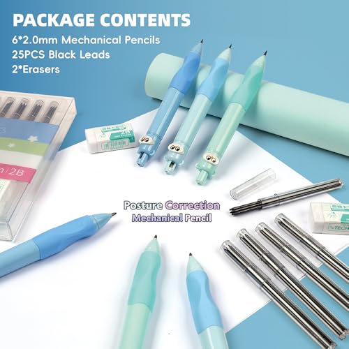 6PCS Cute Mechanical Pencils 2.0MM with Comfort Ergonomic Grip, 25PCS Leads,2PCS Erasers,Cute Stationery Kit for Writing, Sketching & Drawing,Ideal for Gift