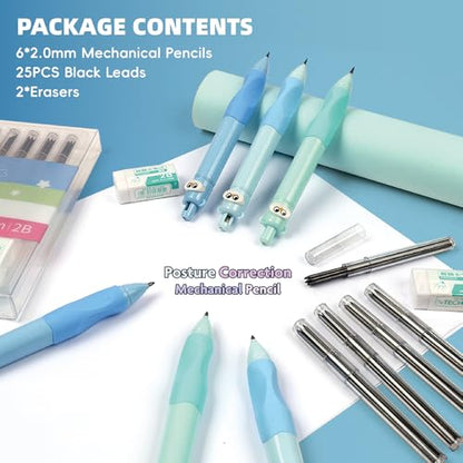 6PCS Cute Mechanical Pencils 2.0MM with Comfort Ergonomic Grip, 25PCS Leads,2PCS Erasers,Cute Stationery Kit for Writing, Sketching & Drawing,Ideal for Gift