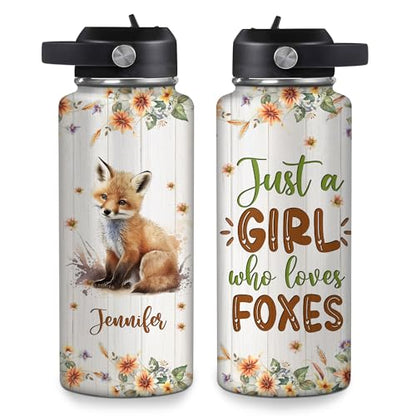 Hyturtle Personalized Fox Water Bottle - Insulated Stainless Steel Bottle with Leak-Proof Lid 18oz 32oz - Floral Fox Gift for Women, Girls, Fox Lovers, Animal Lovers - Birthday & Christmas Gift - color: Fox