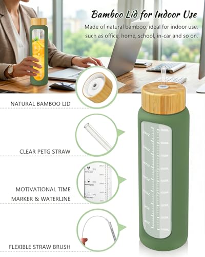 Nefeeko 32 oz Glass Water Bottles with Straw, Time Marker, Motivational 1 Liter BPA FREE Leakproof Reusable Glass Water Bottle with Silicone Sleeve, Bamboo, Spout Lid - color: Green