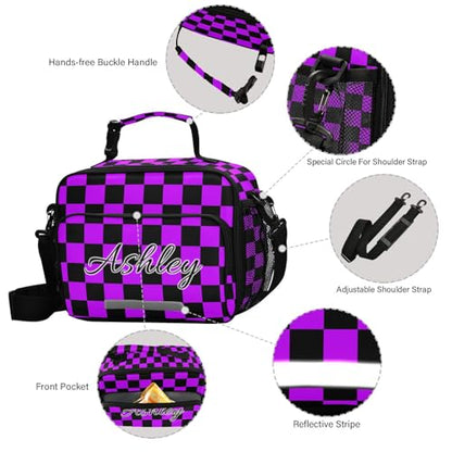 Custom Student Lunch Bag for Boys Girls Purple Black Checkerboard Personalized Lunch Box With Name Insulated Cooler Bag for School Picnic Travel - color: Multi07