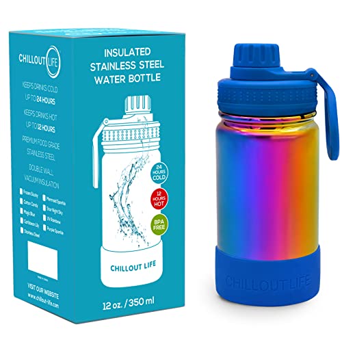 CHILLOUT LIFE 12oz Kids Insulated Stainless Steel Water Bottle with Leak Proof Spout Lid & 144 Stickers - color: Magic Rainbow, style: 12 oz