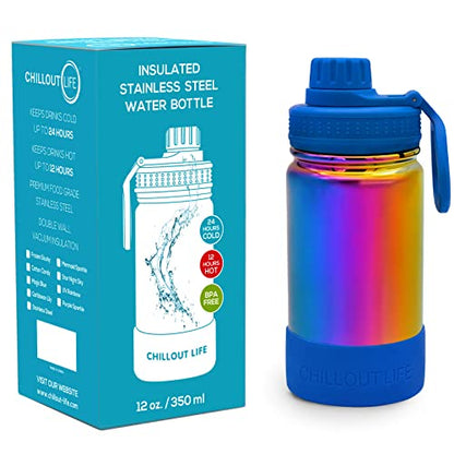 CHILLOUT LIFE 12oz Kids Insulated Stainless Steel Water Bottle with Leak Proof Spout Lid & 144 Stickers - color: Magic Rainbow, style: 12 oz