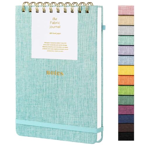 A5 Top Spiral Notebook, Fabric Hardcover College Ruled Journal | 100GSM Paper 160 Lined Pages, 5.7"x8.39" Steno Pads with Elastic Band & Pen Loop, for Work, School Note Taking (Mint Blue) - color: Mint Blue, size: A5-Steno Pads-160pages