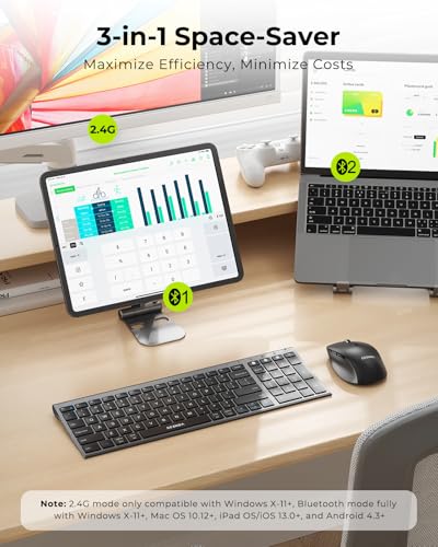 seenda Wireless Bluetooth Keyboard Mouse Combo, COE401 Rechargeable Silent Keyboard Mouse Compact Slim, 3 Multi-Device Connection, Compatible for Windows/Mac PC Laptop MacBook iPad, Black Gray - color: Black Gray