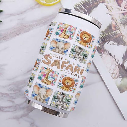 Cute Safari Pal 10oz Stainless Steel Tumbler with Lid & Straw-Double Wall Vacuum Insulated Travel Mug Cute Giraffes Elephants Flowers Check Water Bottle Coffee Beverage Drinks Cup - size: 10 Ounces