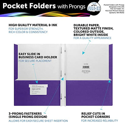 FILE-EZ Two-Pocket Folders with 3-Prong Fasteners, Purple Color, 25-Pack, Durable Textured Paper, Matte Finish, Letter Sheet Size (EZ-92545) - color: Purple