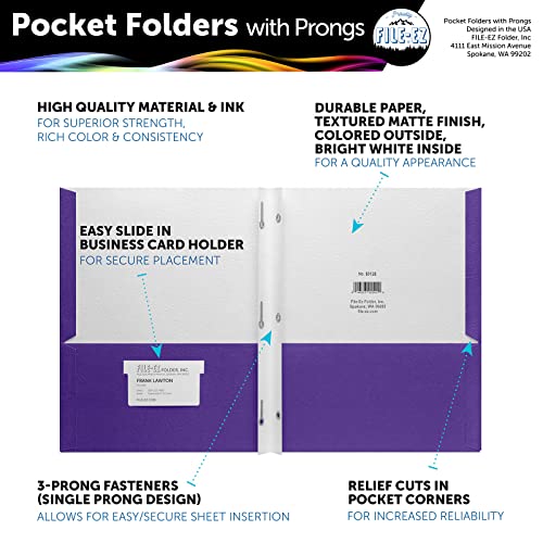 FILE-EZ Two-Pocket Folders with 3-Prong Fasteners, Purple Color, 25-Pack, Durable Textured Paper, Matte Finish, Letter Sheet Size (EZ-92545) - color: Purple