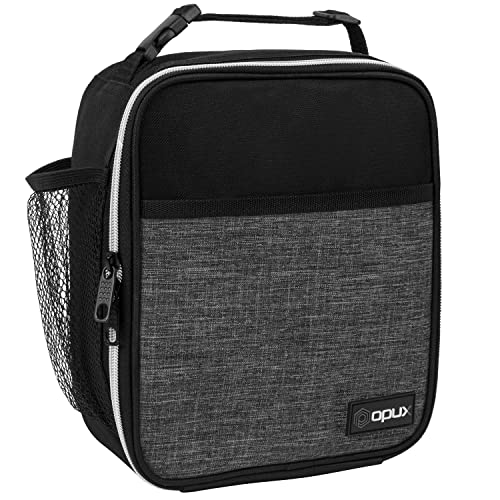 opux Insulated Lunch Bag for Kids Boys Girls, Small Compact Lunch Box with Wide Opening & Mesh Pockets, Reusable Lunch Pail for School, Work, Adults, Men, Women, Charcoal Grey - color: Heather Charcoal
