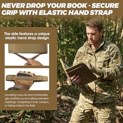 Tactical Notebook Cover, A5 Padfolio 6 Ring Binder with Big Back Pocket & Hand Strap, Zippered Hardcase Planner for Journal, College, Office, Field (Khaki, A5(7.3 x 10 inches)) - color: Khaki, size: A5