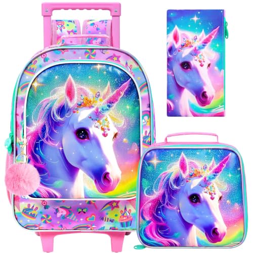 gxtvo Girls Rolling Backpack, Cute Unicorn Roller Wheels Kids Bookbag - Wheeled Elementary School Bag - 3PCS Unicorn - color: Uv Printing Pink-horned Unicorn?? Rolling Backpack