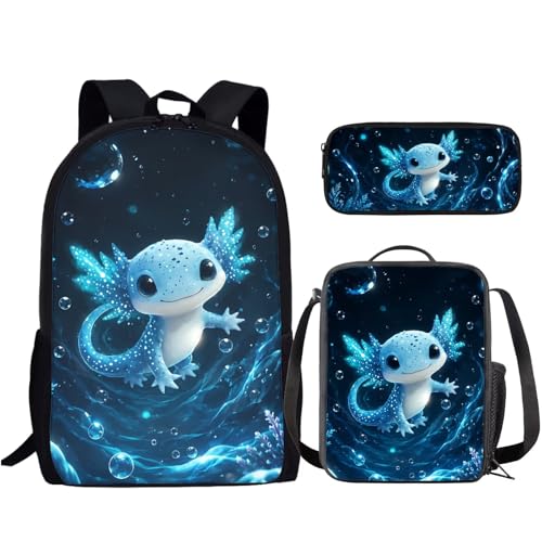 Blue Axolotl School Backpack Set 3Pcs Lightweight Casual Daypacks with Lunch Bag Pen Bag Set Portable Lunch Box Elementary Middle School Kids Backpack - color: Blue Axolotl-a
