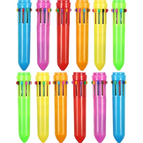 HESTYA 12 Pcs Multicolor Ballpoint Pen 10-in-1 Christmas Shuttle Pens 0.5 mm Retractable Ballpoint Pens Colorful Plastic Neon Pen for Christmas Office Supplies Gift