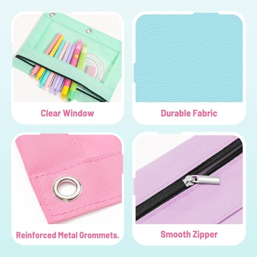 SUNEE Pencil Pouch for 3-Ring Binder, Large Pencil Case with 3 Reinforced Grommets, Zipper Pencil Pouch, Clear Window Pencil Case, Binder Accessories, Light Green - color: Light Green