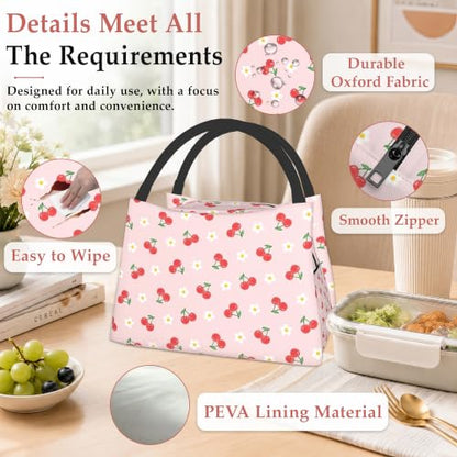 Lunch Box for Women,Cute Cherry Insulated Lunch Bag,Flowers Pink Leakproof Thermal Insulation Cooler Tote Bags for Teacher Nurse Kids School Work Picnic - color: Cute Cherry